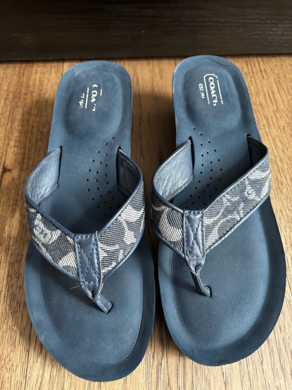 Coach Navy Canvas Logo Thong Sandals